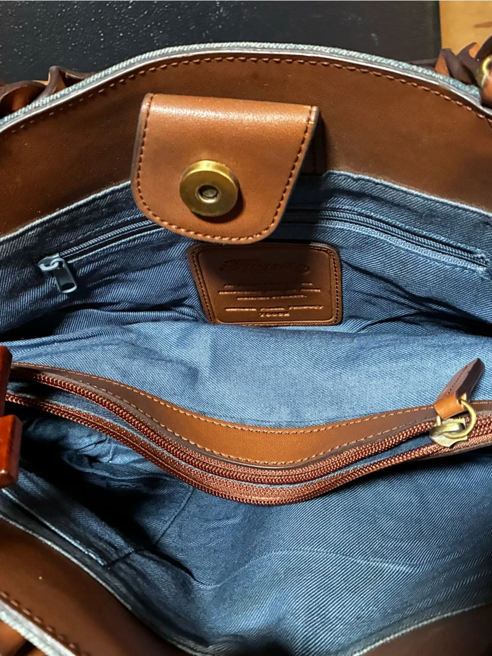 Fossil Denim Tote with Brown Leather Handles and Floral Embroidery